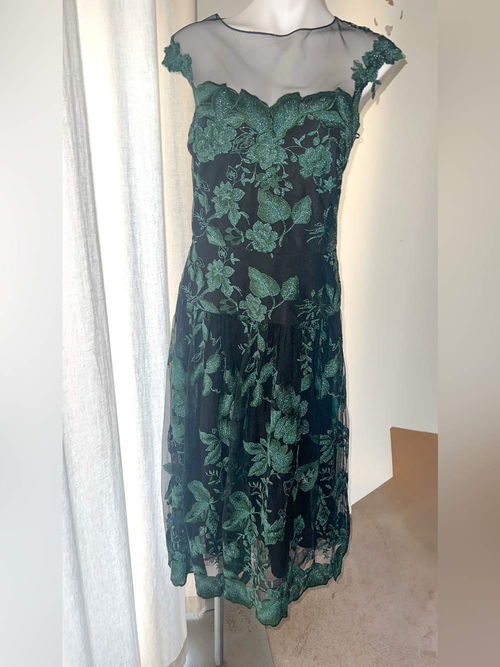 RICKIE FREEMAN for Teri John 3D Emerald Embroidery Lace Midi Dress BNWT 16
